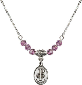 18" Rhodium Plated Necklace with 4mm Light Amethyst Crystal Beads featuring a Sterling Silver Matrimony Medal.