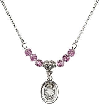 18" Rhodium Plated Necklace with 4mm Light Amethyst Crystal Beads featuring a Sterling Silver Baptism Medal.