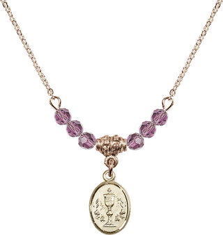 18" Hamilton Gold Plated Necklace with 4mm Light Amethyst Crystal Beads featuring a 14kt Gold Filled Chalice Medal.
