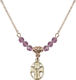 18" Hamilton Gold Plated Necklace with 4mm Light Amethyst Crystal Beads featuring a 14kt Gold Filled Crucifix Medal.
