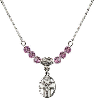 18" Rhodium Plated Necklace with 4mm Light Amethyst Crystal Beads featuring a Sterling Silver Crucifix Medal.
