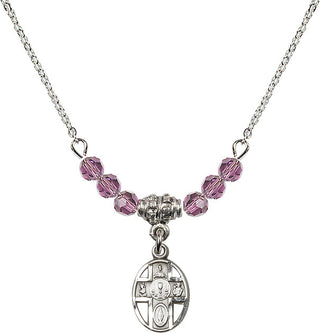 18" Rhodium Plated Necklace with 4mm Light Amethyst Crystal Beads featuring a Sterling Silver 5-Way / Chalice Medal.