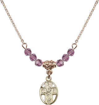 18" Hamilton Gold Plated Necklace with 4mm Light Amethyst Crystal Beads featuring a 14kt Gold Filled 5-Way Medal.