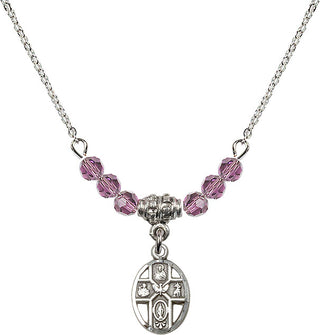 18" Rhodium Plated Necklace with 4mm Light Amethyst Crystal Beads featuring a Sterling Silver 5-Way Medal.