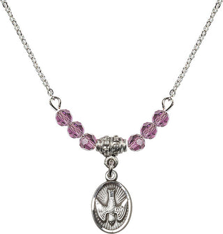 18" Rhodium Plated Necklace with 4mm Light Amethyst Crystal Beads featuring a Sterling Silver Holy Spirit Medal.
