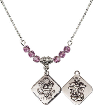 18" Rhodium Plated Necklace with 4mm Light Amethyst Crystal Beads featuring a Sterling Silver Army Diamond Medal.