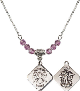 18" Rhodium Plated Necklace with 4mm Light Amethyst Crystal Beads featuring a Sterling Silver Nat'l Guard Diamond Medal.
