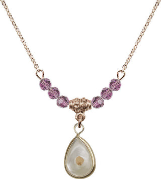 18" Hamilton Gold Plated Necklace with 4mm Light Amethyst Crystal Beads featuring a 14kt Gold Filled Mustard Seed Medal.