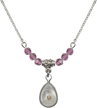 18" Rhodium Plated Necklace with 4mm Light Amethyst Crystal Beads featuring a Sterling Silver Mustard Seed Medal.