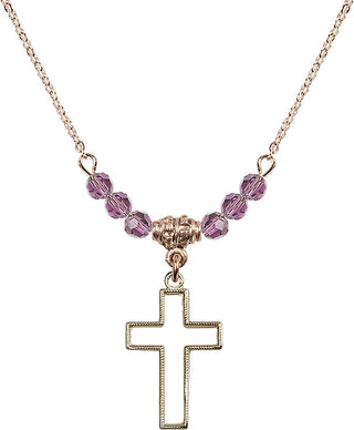 18" Hamilton Gold Plated Necklace with 4mm Light Amethyst Crystal Beads featuring a 14kt Gold Filled Cross Medal.