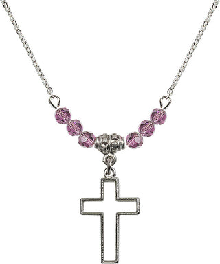 18" Rhodium Plated Necklace with 4mm Light Amethyst Crystal Beads featuring a Sterling Silver Cross Medal.