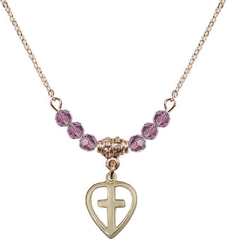 18" Hamilton Gold Plated Necklace with 4mm Light Amethyst Crystal Beads featuring a 14kt Gold Filled Heart / Cross Medal.