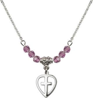 18" Rhodium Plated Necklace with 4mm Light Amethyst Crystal Beads featuring a Sterling Silver Heart / Cross Medal.