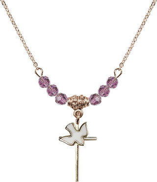 18" Hamilton Gold Plated Necklace with 4mm Light Amethyst Crystal Beads featuring a 14kt Gold Filled Cross / Holy Spirit Medal.