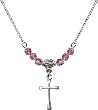 18" Rhodium Plated Necklace with 4mm Light Amethyst Crystal Beads featuring a Sterling Silver Maltese Cross Medal.