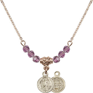18" Hamilton Gold Plated Necklace with 4mm Light Amethyst Crystal Beads featuring a 14kt Gold Filled Saint Benedict Medal.