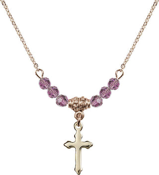 18" Hamilton Gold Plated Necklace with 4mm Light Amethyst Crystal Beads featuring a 14kt Gold Filled Cross Medal.