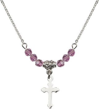 18" Rhodium Plated Necklace with 4mm Light Amethyst Crystal Beads featuring a Sterling Silver Cross Medal.