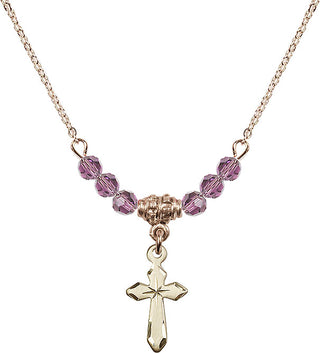 18" Hamilton Gold Plated Necklace with 4mm Light Amethyst Crystal Beads featuring a 14kt Gold Filled Cross Medal.