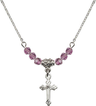 18" Rhodium Plated Necklace with 4mm Light Amethyst Crystal Beads featuring a Sterling Silver Cross Medal.