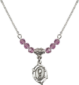 18" Rhodium Plated Necklace with 4mm Light Amethyst Crystal Beads featuring a Sterling Silver Communion Medal.