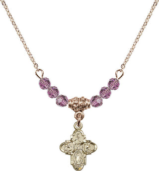 18" Hamilton Gold Plated Necklace with 4mm Light Amethyst Crystal Beads featuring a 14kt Gold Filled 4-Way Medal.