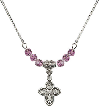 18" Rhodium Plated Necklace with 4mm Light Amethyst Crystal Beads featuring a Sterling Silver 4-Way Medal.
