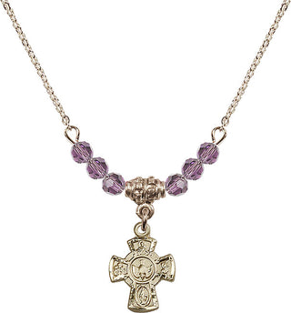 18" Hamilton Gold Plated Necklace with 4mm Light Amethyst Crystal Beads featuring a 14kt Gold Filled 5-Way Medal.