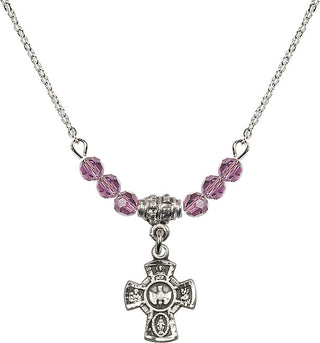 18" Rhodium Plated Necklace with 4mm Light Amethyst Crystal Beads featuring a Sterling Silver 5-Way Medal.