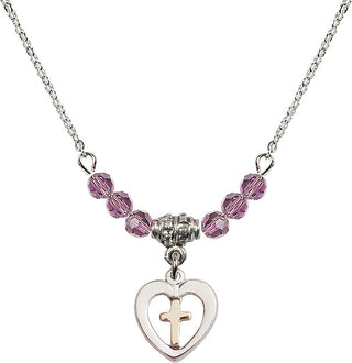 18" Rhodium Plated Necklace with 4mm Light Amethyst Crystal Beads featuring a Gold Filled / Sterling Silver Heart / Cross Medal.