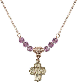 18" Hamilton Gold Plated Necklace with 4mm Light Amethyst Crystal Beads featuring a 14kt Gold Filled 5-Way Medal.