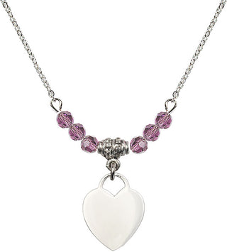 18" Rhodium Plated Necklace with 4mm Light Amethyst Crystal Beads featuring a Sterling Silver Heart Medal. Engraved Catholic Saint Jewelry