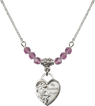 18" Rhodium Plated Necklace with 4mm Light Amethyst Crystal Beads featuring a Sterling Silver Guardian Angel Heart Medal. Engraved Catholic Saint Jewelry