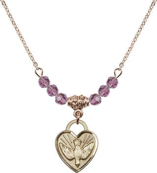 18" Hamilton Gold Plated Necklace with 4mm Light Amethyst Crystal Beads featuring a 14kt Gold Filled Confirmation Heart Medal. Engraved Catholic Saint Jewelry