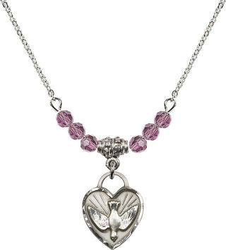 18" Rhodium Plated Necklace with 4mm Light Amethyst Crystal Beads featuring a Sterling Silver Confirmation Heart Medal. Engraved Catholic Saint Jewelry