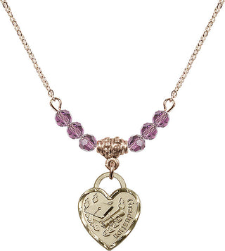 18" Hamilton Gold Plated Necklace with 4mm Light Amethyst Crystal Beads featuring a 14kt Gold Filled Graduation Heart Medal. Engraved Catholic Saint Jewelry