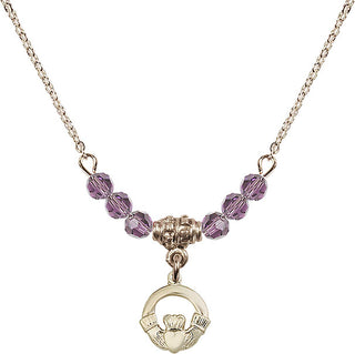 18" Hamilton Gold Plated Necklace with 4mm Light Amethyst Crystal Beads featuring a 14kt Gold Filled Claddagh Medal.