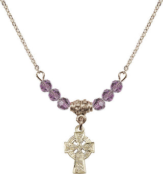 18" Hamilton Gold Plated Necklace with 4mm Light Amethyst Crystal Beads featuring a 14kt Gold Filled Celtic Cross Medal.
