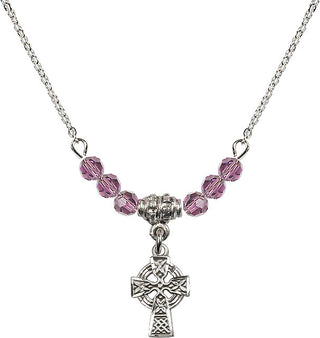 18" Rhodium Plated Necklace with 4mm Light Amethyst Crystal Beads featuring a Sterling Silver Celtic Cross Medal.