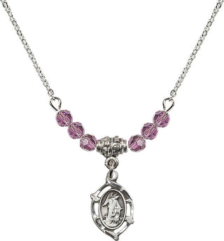 18" Rhodium Plated Necklace with 4mm Light Amethyst Crystal Beads featuring a Sterling Silver Guardian Angel Medal.