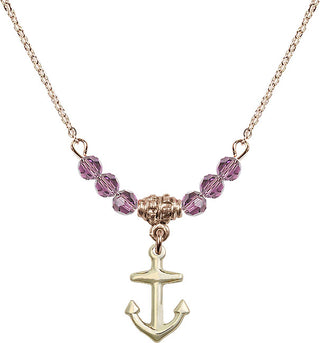 18" Hamilton Gold Plated Necklace with 4mm Light Amethyst Crystal Beads featuring a 14kt Gold Filled Anchor Medal.