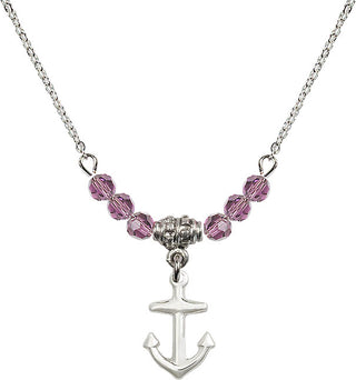 18" Rhodium Plated Necklace with 4mm Light Amethyst Crystal Beads featuring a Sterling Silver Anchor Medal.