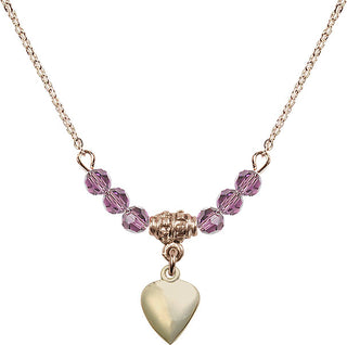 18" Hamilton Gold Plated Necklace with 4mm Light Amethyst Crystal Beads featuring a 14kt Gold Filled Heart Medal.