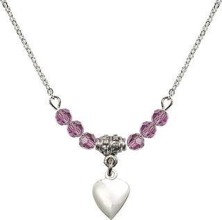 18" Rhodium Plated Necklace with 4mm Light Amethyst Crystal Beads featuring a Sterling Silver Heart Medal.
