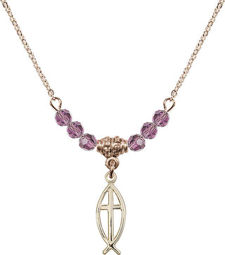 18" Hamilton Gold Plated Necklace with 4mm Light Amethyst Crystal Beads featuring a 14kt Gold Filled Fish / Cross Medal.