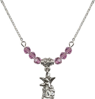 18" Rhodium Plated Necklace with 4mm Light Amethyst Crystal Beads featuring a Sterling Silver Guardian Angel Medal.