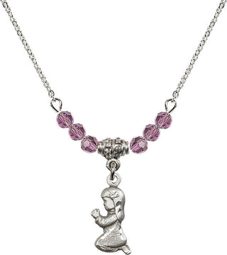 18" Rhodium Plated Necklace with 4mm Light Amethyst Crystal Beads featuring a Sterling Silver Praying Girl Medal.