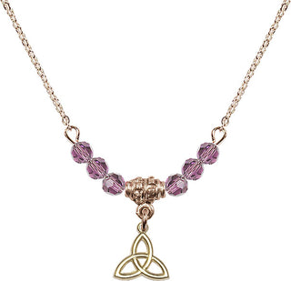 18" Hamilton Gold Plated Necklace with 4mm Light Amethyst Crystal Beads featuring a 14kt Gold Filled Trinity Irish Knot Medal.