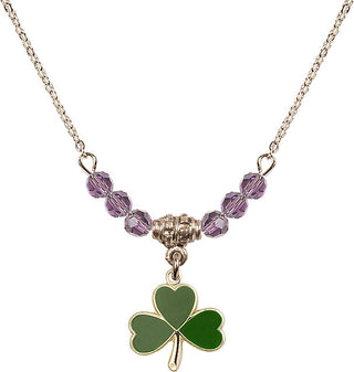 18" Hamilton Gold Plated Necklace with 4mm Light Amethyst Crystal Beads featuring a 14kt Gold Filled Shamrock Medal.