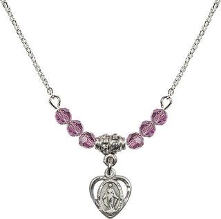 18" Rhodium Plated Necklace with 4mm Light Amethyst Crystal Beads featuring a Sterling Silver Miraculous Medal.
